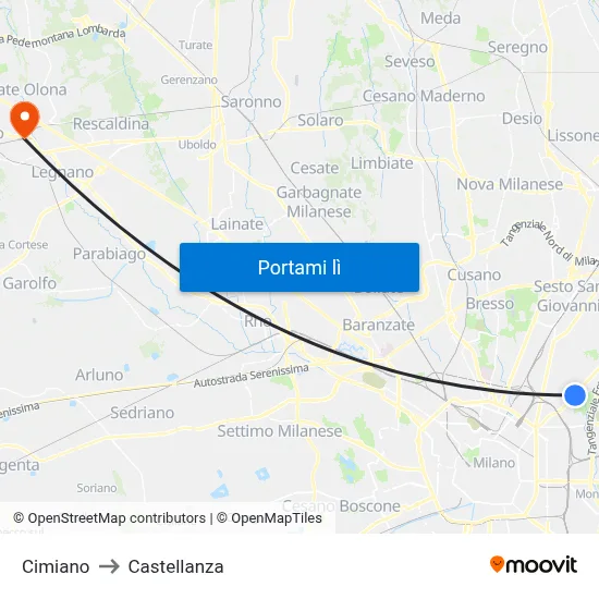 Cimiano to Castellanza map