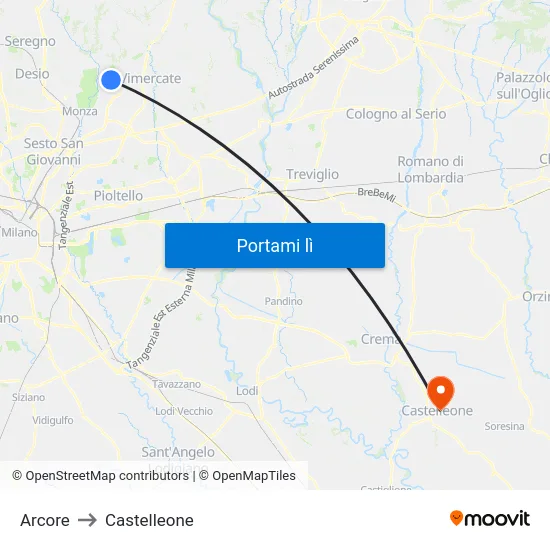 Arcore to Castelleone map