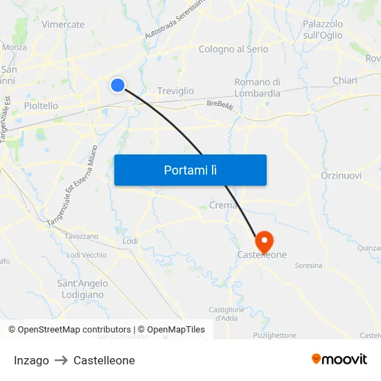 Inzago to Castelleone map