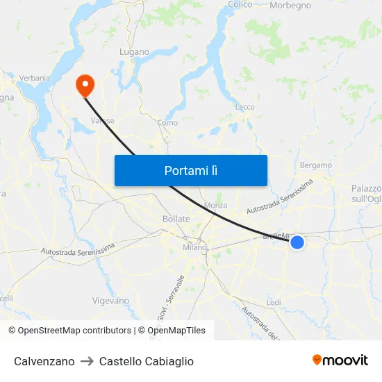 Calvenzano to Castello Cabiaglio map