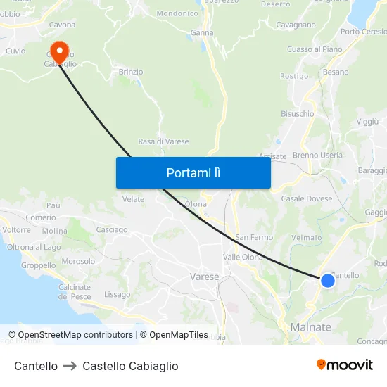Cantello to Castello Cabiaglio map