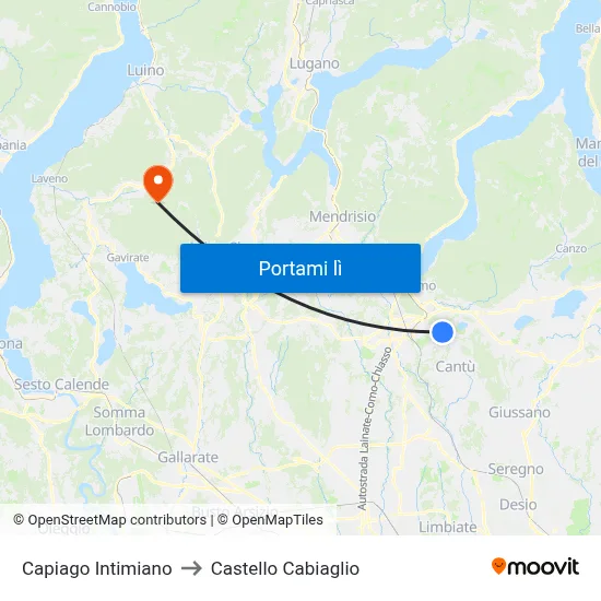 Capiago Intimiano to Castello Cabiaglio map