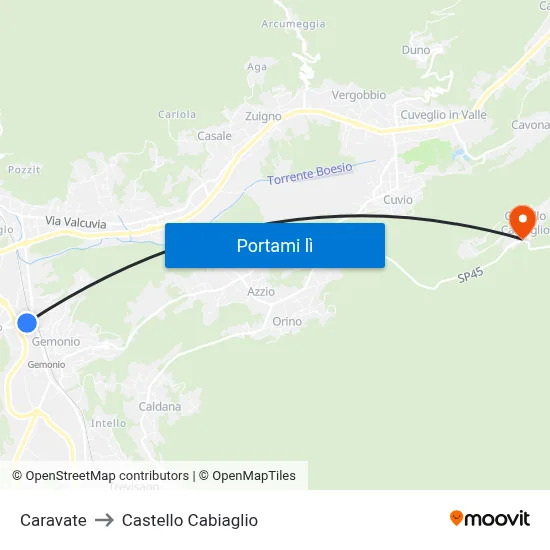 Caravate to Castello Cabiaglio map