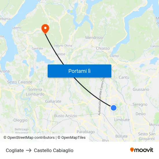 Cogliate to Castello Cabiaglio map