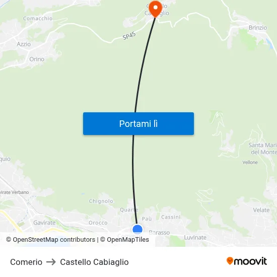 Comerio to Castello Cabiaglio map