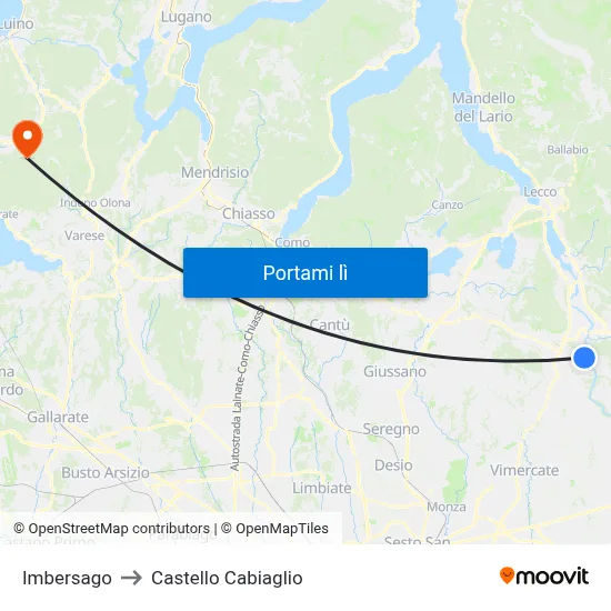Imbersago to Castello Cabiaglio map