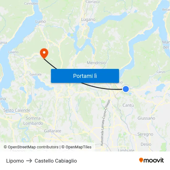 Lipomo to Castello Cabiaglio map