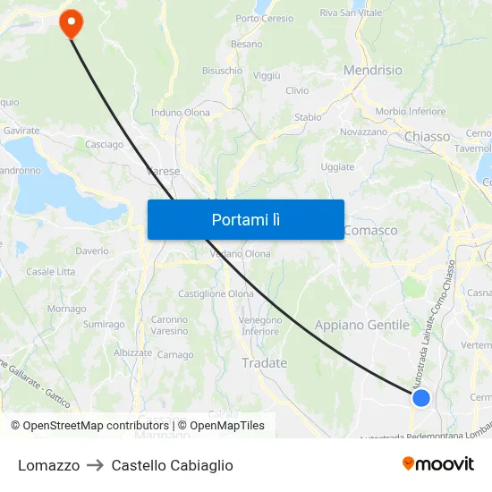 Lomazzo to Castello Cabiaglio map