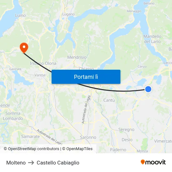 Molteno to Castello Cabiaglio map
