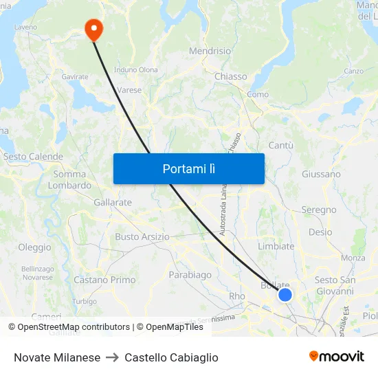 Novate Milanese to Castello Cabiaglio map