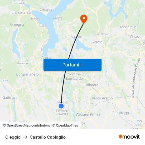 Oleggio to Castello Cabiaglio map