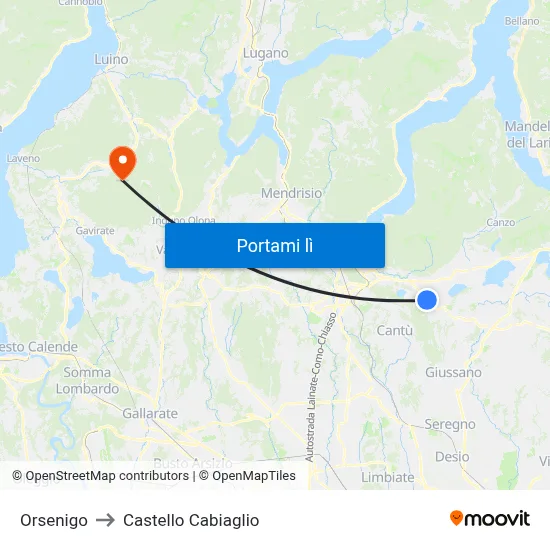 Orsenigo to Castello Cabiaglio map