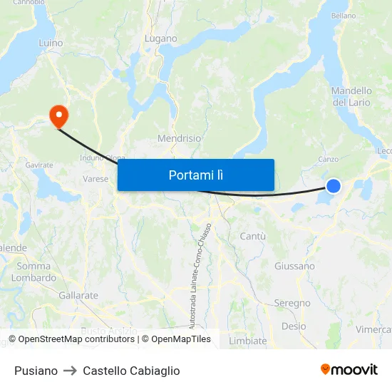 Pusiano to Castello Cabiaglio map