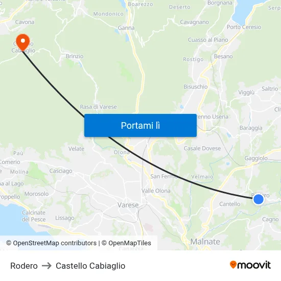 Rodero to Castello Cabiaglio map