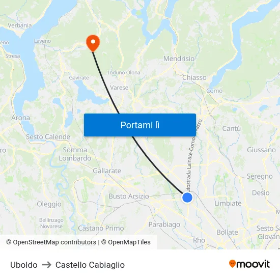 Uboldo to Castello Cabiaglio map