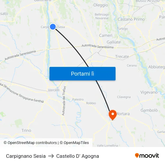 Carpignano Sesia to Castello D' Agogna map