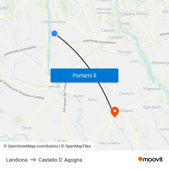 Landiona to Castello D' Agogna map