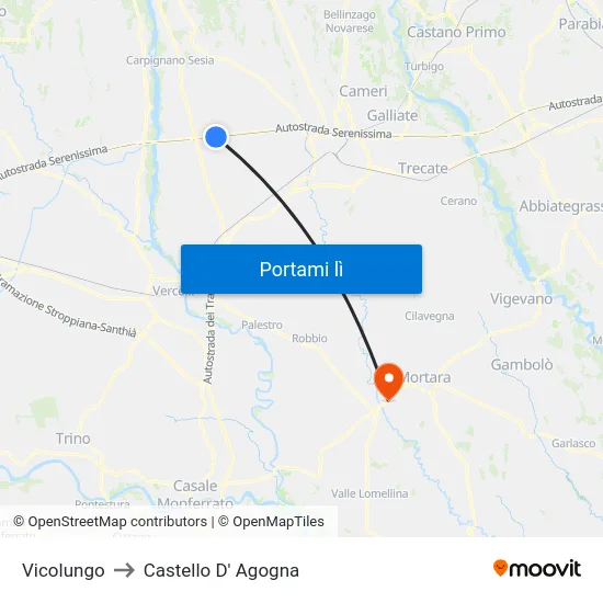 Vicolungo to Castello D' Agogna map