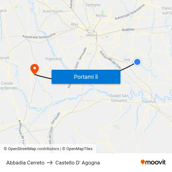 Abbadia Cerreto to Castello D' Agogna map