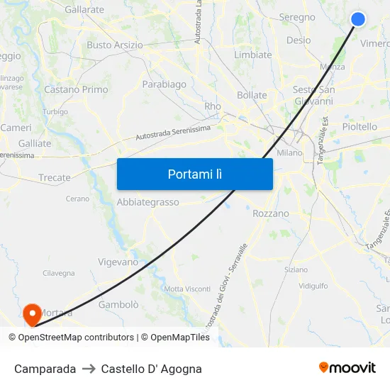 Camparada to Castello D' Agogna map