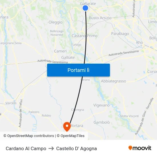 Cardano Al Campo to Castello D' Agogna map