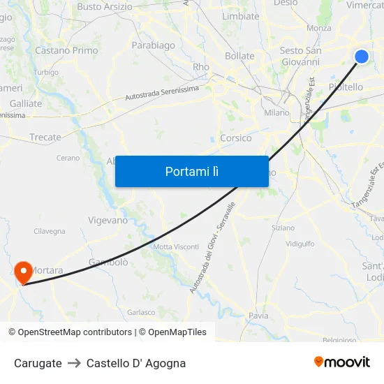 Carugate to Castello D' Agogna map
