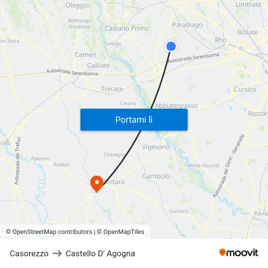 Casorezzo to Castello D' Agogna map