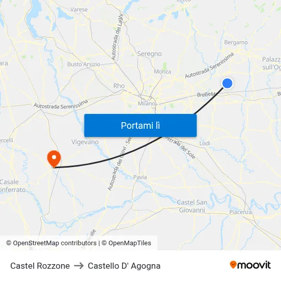 Castel Rozzone to Castello D' Agogna map