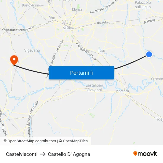 Castelvisconti to Castello D' Agogna map
