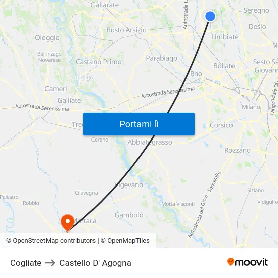 Cogliate to Castello D' Agogna map