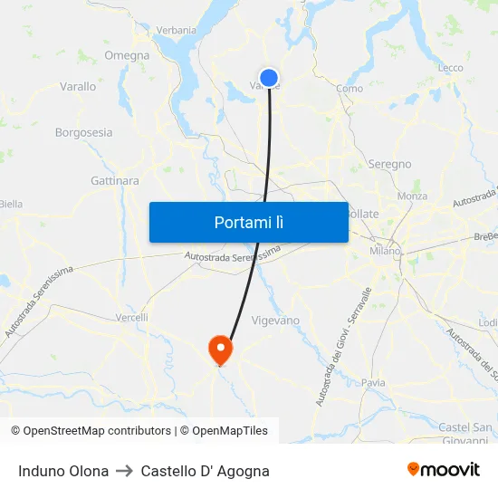 Induno Olona to Castello D' Agogna map