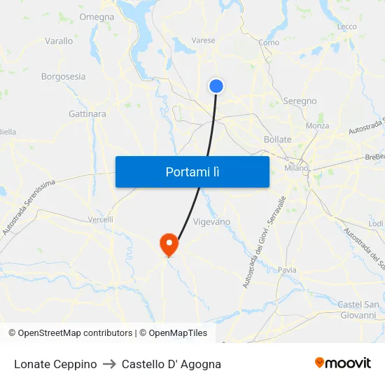 Lonate Ceppino to Castello D' Agogna map