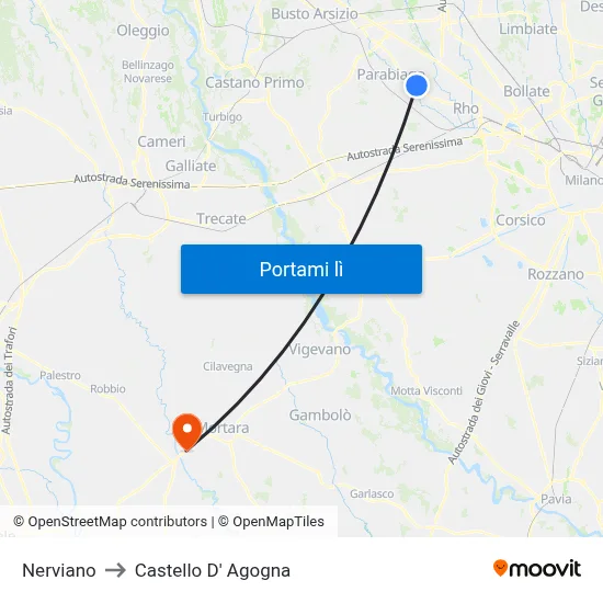 Nerviano to Castello D' Agogna map