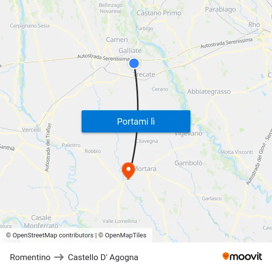 Romentino to Castello D' Agogna map