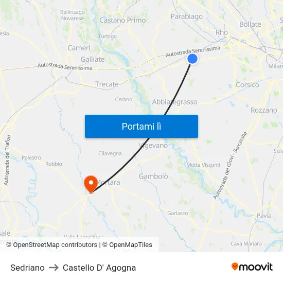 Sedriano to Castello D' Agogna map