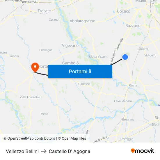 Vellezzo Bellini to Castello D' Agogna map