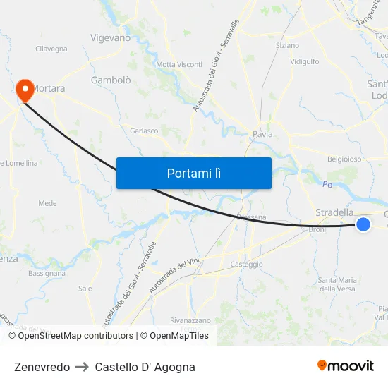 Zenevredo to Castello D' Agogna map