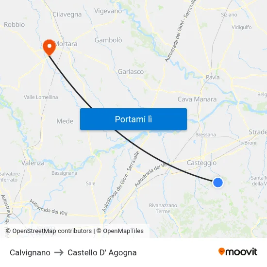 Calvignano to Castello D' Agogna map
