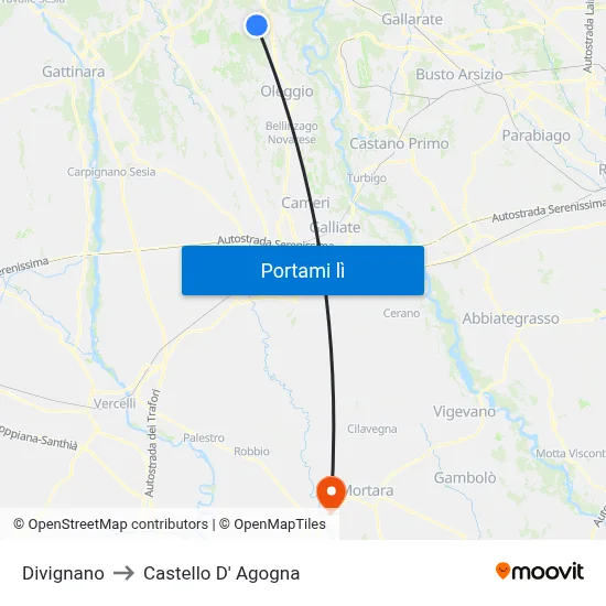 Divignano to Castello D' Agogna map