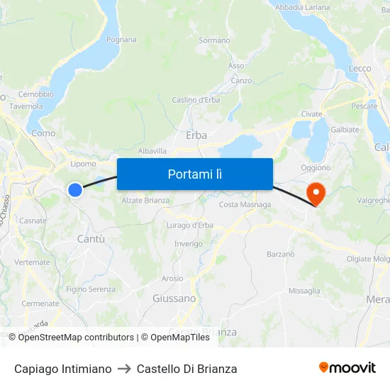 Capiago Intimiano to Castello Di Brianza map