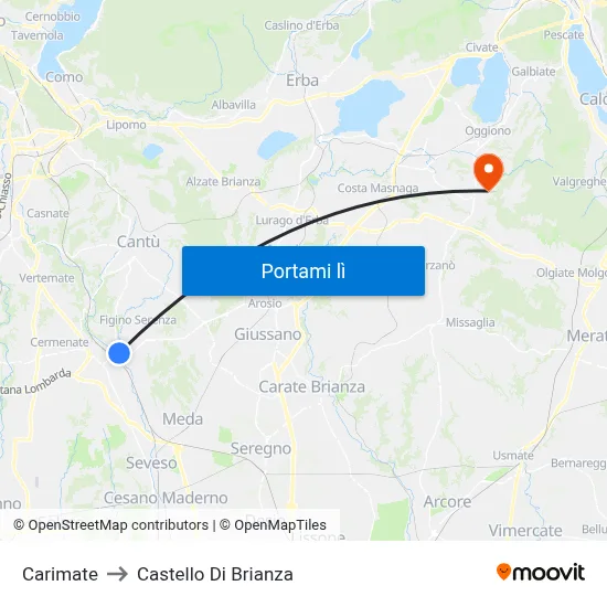 Carimate to Castello Di Brianza map