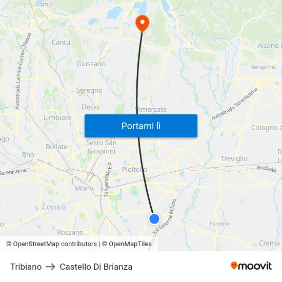 Tribiano to Castello Di Brianza map