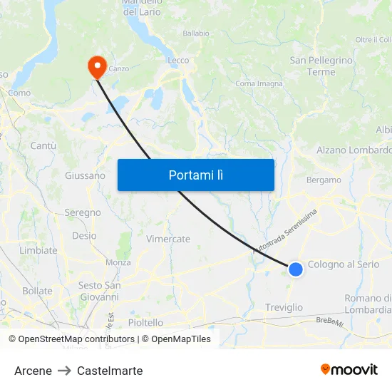 Arcene to Castelmarte map