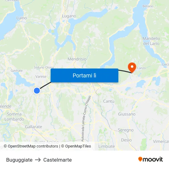 Buguggiate to Castelmarte map
