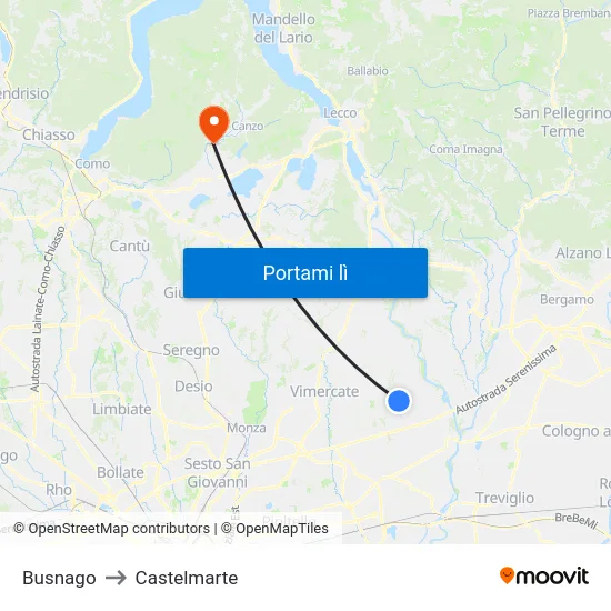 Busnago to Castelmarte map