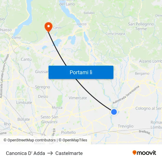 Canonica D' Adda to Castelmarte map