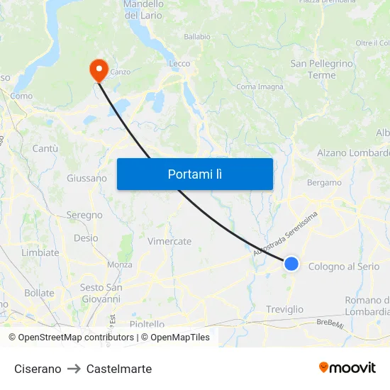 Ciserano to Castelmarte map