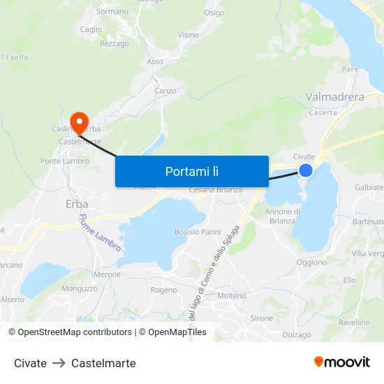Civate to Castelmarte map