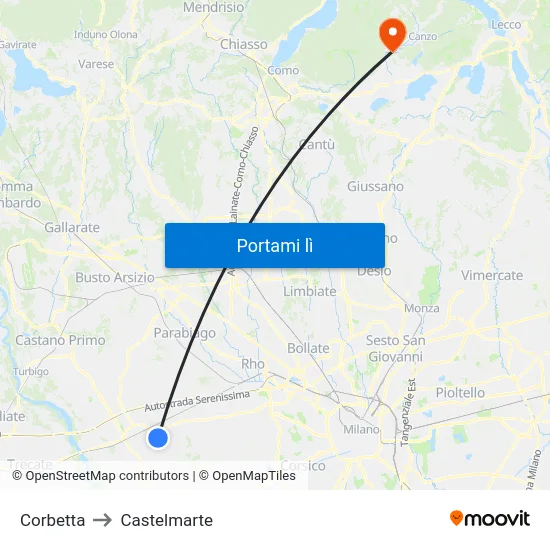 Corbetta to Castelmarte map