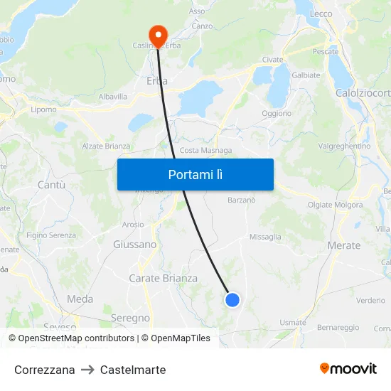 Correzzana to Castelmarte map